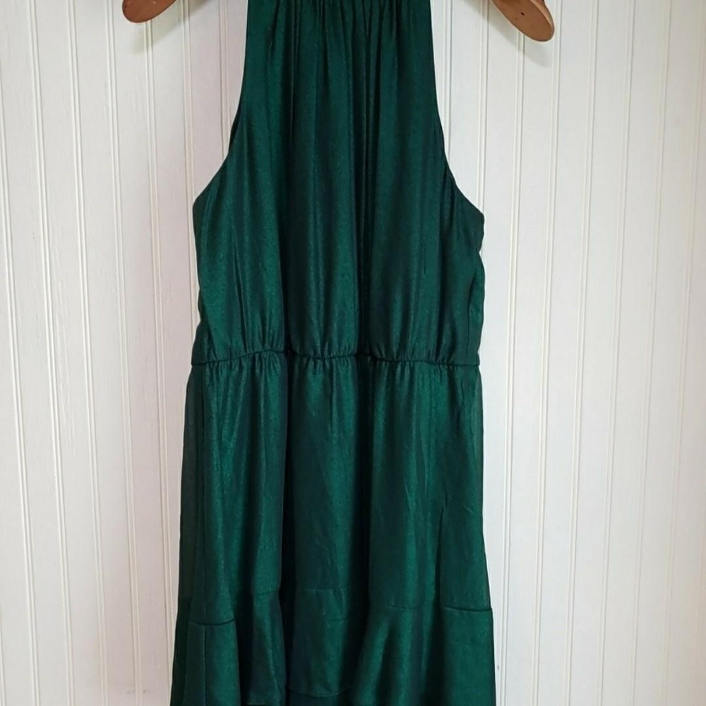 Dress Womens Medium Green Solid Sleeveless Round Neck Swing Short Satin Lined